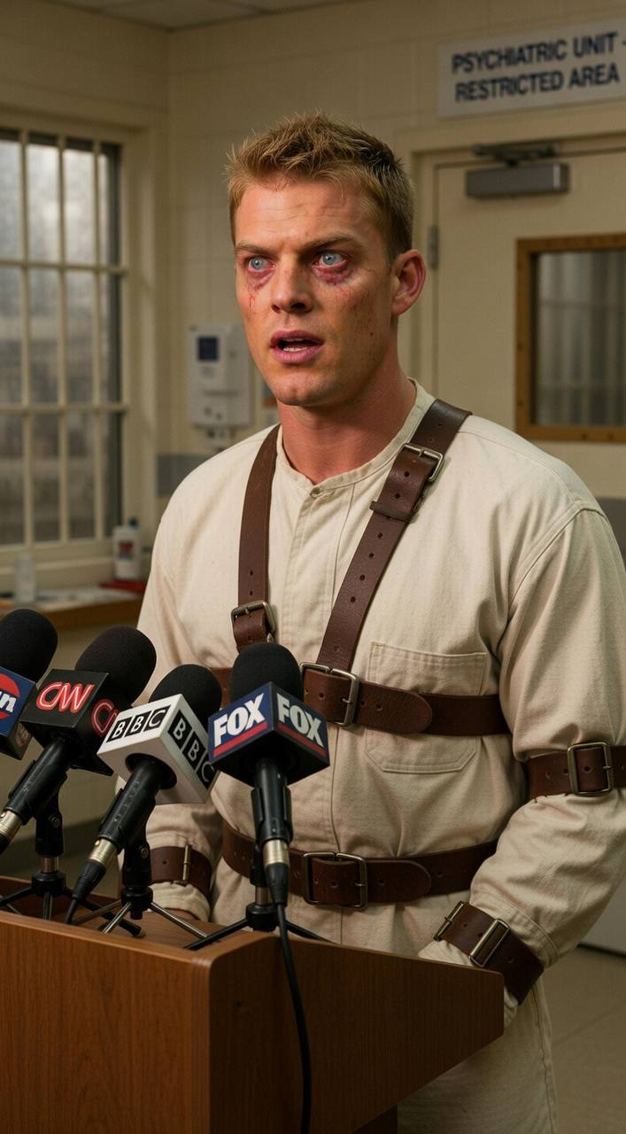 Thad Castle in restraints at press conference